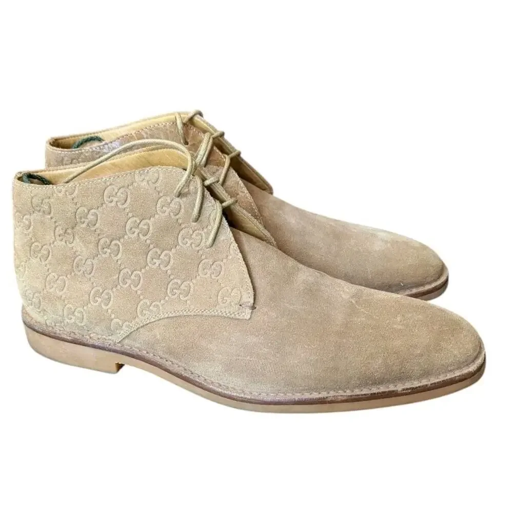 Gucci Antigua Ankle Boots Tan Suede GG Monogram Chukka Desert Mens 10 Italy